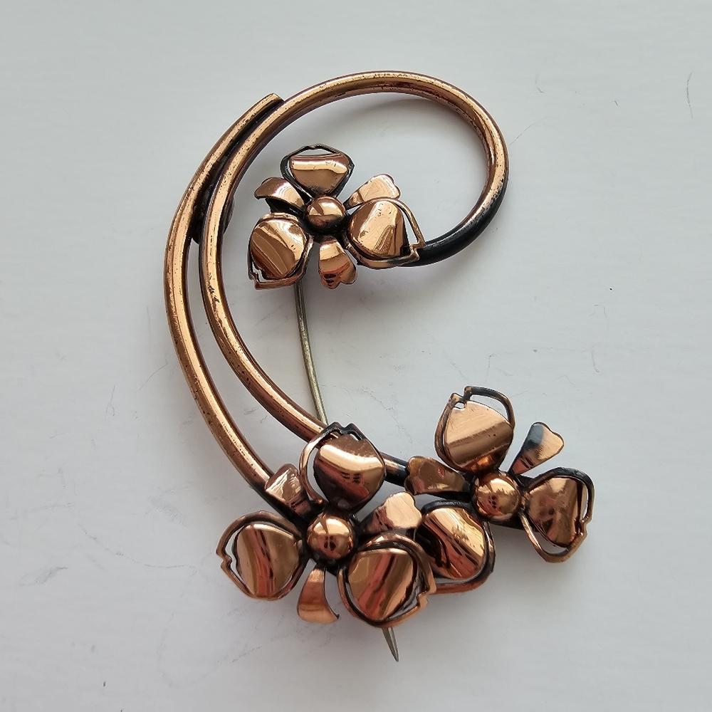 Vintage Renoir of California Copper Floral Swirl Brooch Mid-Century Modern